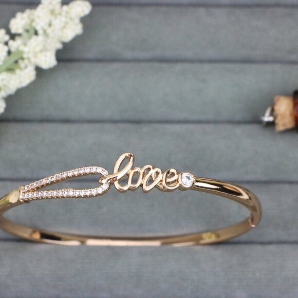 Elegant Rose Gold ""Love"" Bangle with Sparkling CZ Accents, XPBL0582 - Picture 10 of 12